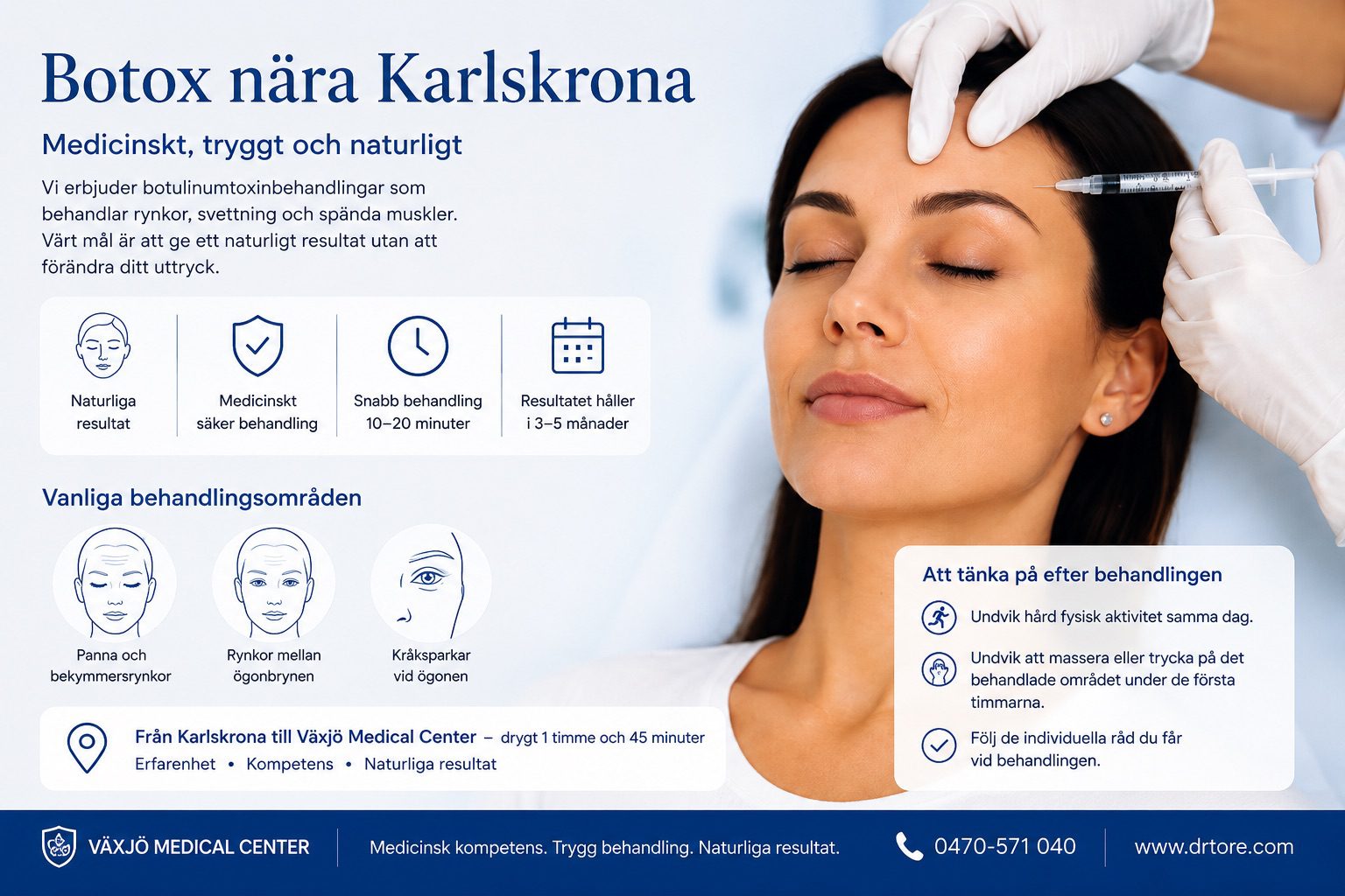 Illustration om Botox nära Karlskrona med behandlingsområden, eftervårdsråd och information om resa till Växjö Medical Center